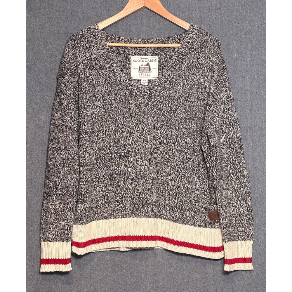 Roots Cabin Womens Medium V-Neck Marled Knit Sweater Navy White Red Stripe